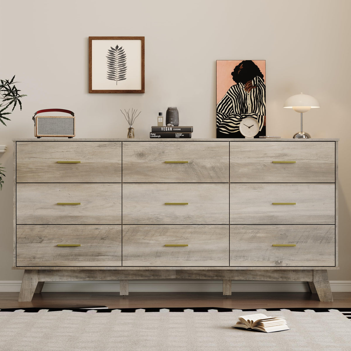BORNOON Dresser for Bedroom with 9-Drawer, 59" Wide Modern Chest of Drawers with Metal Handles, X-Shape Base & Adjustable Center Leg, Anti-Tip Closet Organizers and Storage