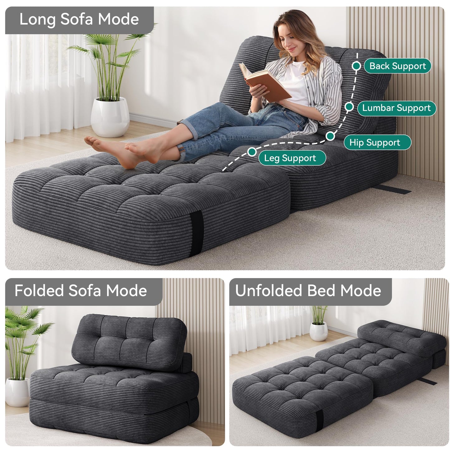 YITAHOME Folding Sofa Bed, Convertible Lazy Sleeper Chair with Pillow Foldable Mattress with Back Support, Portable Fold Out Chair Bed,Comfy Floor Sofa Lounge for Living Room, Bedroom, Dark Grey