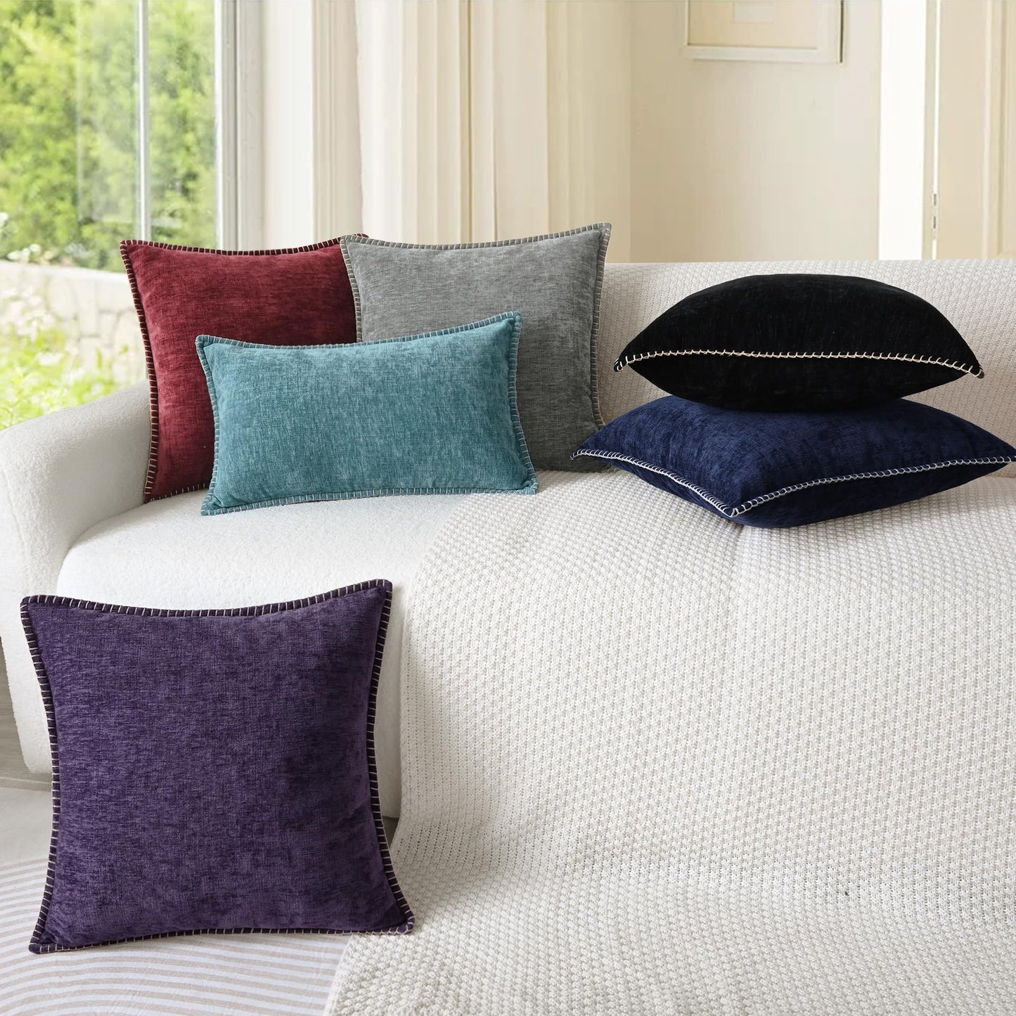 CaliTime Throw Pillow Covers Decorative 18 X 18 Inches Pack of 2 Cotton Thread Stitching Edges Solid Dyed Soft Chenille Cushion Cases for Couch Sofa Bed Living Room Farmhouse Burgundy