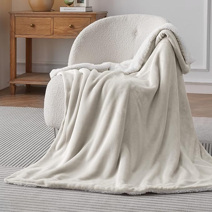Bedsure GentleSoft Sherpa Fleece Throw Blanket Twin Size for Couch - Thick and Warm Throw for Women and Men, Soft Fuzzy Plush Twin Blanket for Winter, Non-Heated, Linen, 60x80 Inches