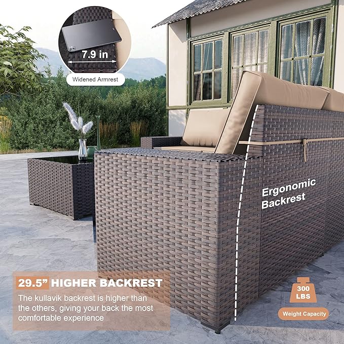 Kullavik Outdoor Patio Furniture Set,12 Pieces Sectional Rattan Sofa Set Brown PE Rattan Wicker Patio Conversation Set with 10 Seat Cushions and 2 Tempered Glass Coffee Table,Sand