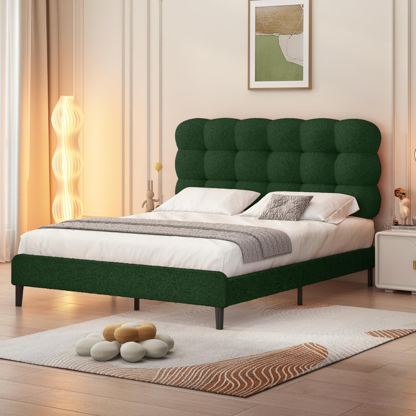 Queen Bed Frame with Upholstered Headboard, Platform Bed with Strong Wooden Slats Support, Two Bed Forms Design, No Boxing Spring Needed, Easy Assembly, Green