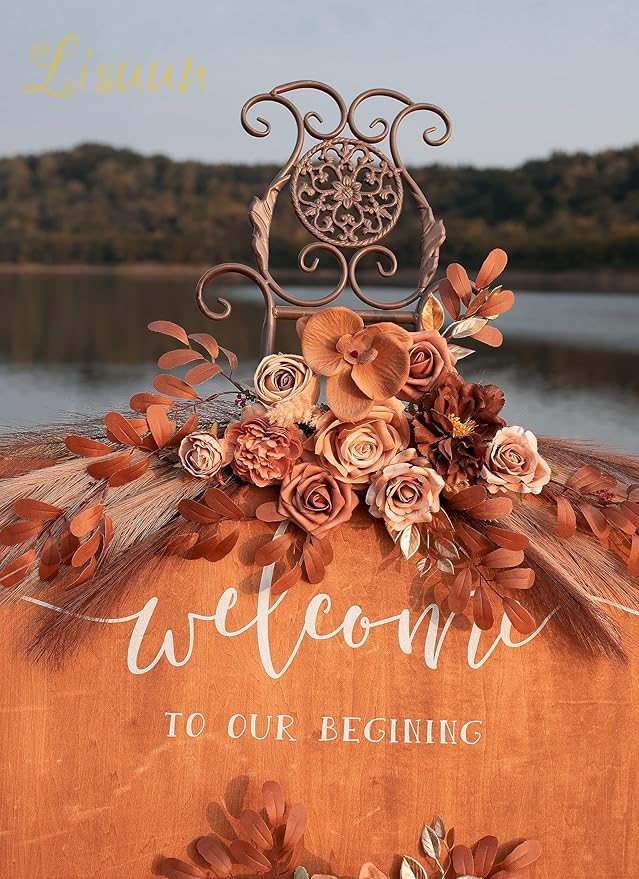 Wedding Arch Flowers, Artificial Floral Decor for Wedding Ceremony & Reception, Standard Size Large Flower Swag Set for Backdrop & Welcome Sign, Pack of 2 (Coffee Pampas)