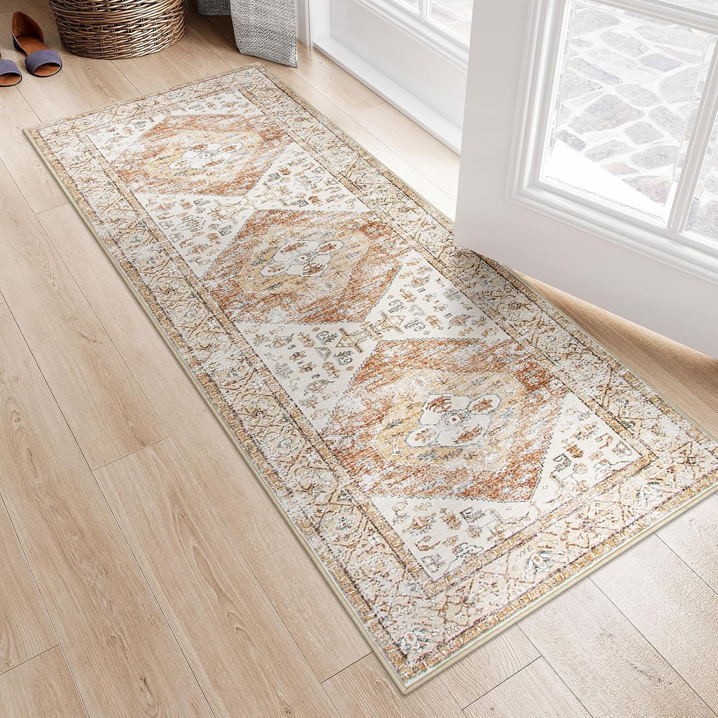 Lahome Boho Washable Rug Runner - 2x7 Non-Slip Runners Rugs for Hallways Non-Shedding Lightweight Runners for Kitchen, Oriental Distressed Print Indoor Carpet Runner for Entrance Bathroom Laundry Room