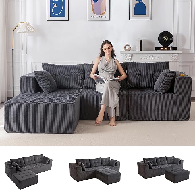 MAXYOYO Modular Sectional Sofa Couch, L Shaped Modern Cloud Couch with Ottoman, Sofa in A Box, Tufted 4-Seat Boneless Sleeper Chair for Living Room, No Assembly Required, Grey