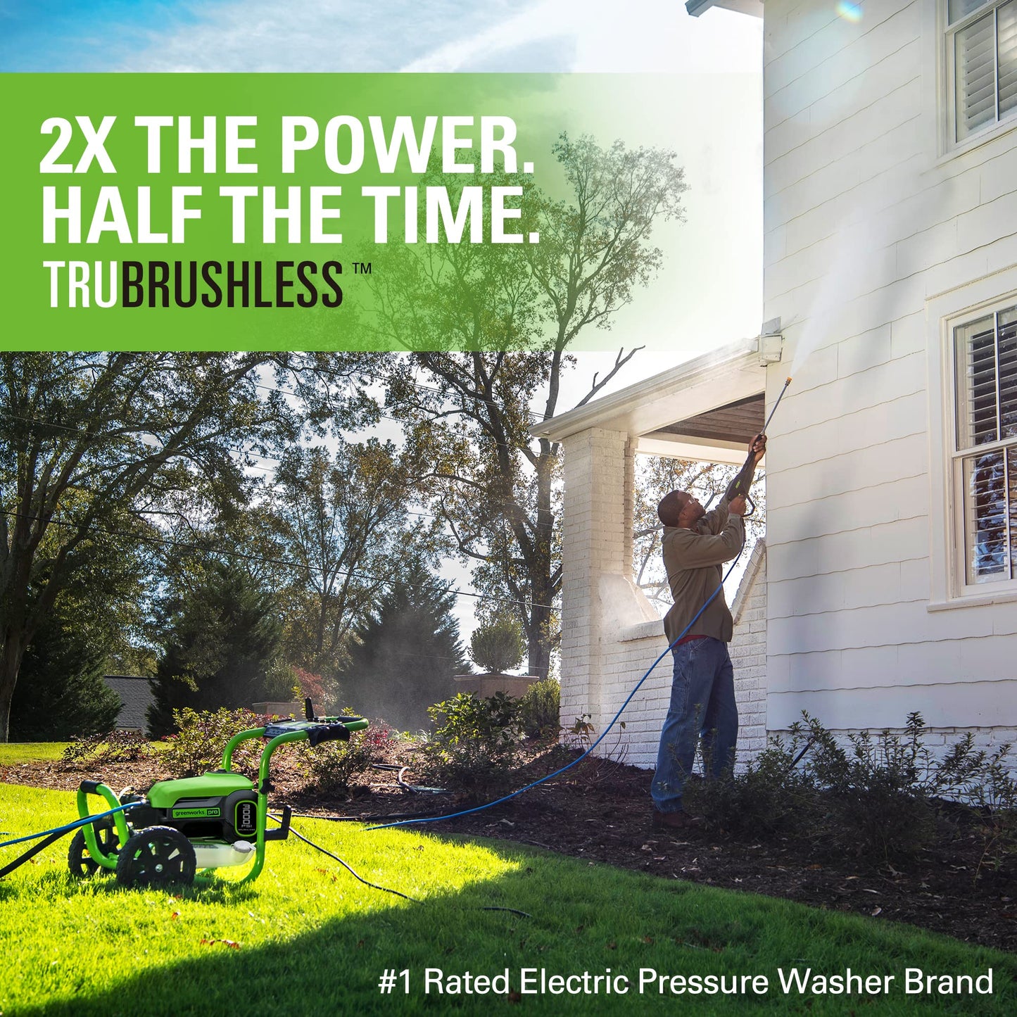 Greenworks 3000 PSI (2.0 GPM Max) Brushless Electric Pressure Washer, Steel Wand, On-Board Soap Tank (15°, 25°, 40°, Soap, and Turbo Nozzle)