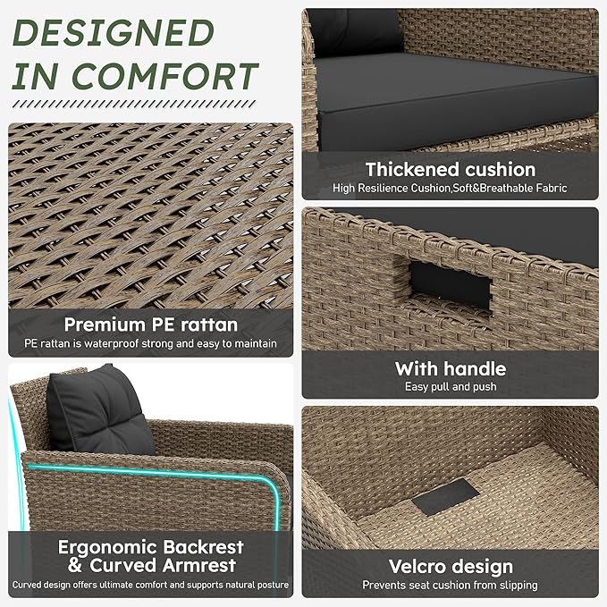 LHBcraft 5 Piece Patio Conversation Set Outdoor Patio Chairs with Ottomans Balcony Furniture with Soft Cushions & Coffee Table for Poolside Garden Balcony (Black Cushion +Yellow Rattan)