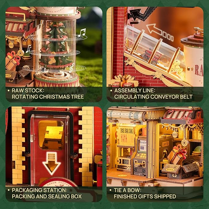 ROKR 3D Puzzle for Adults Christmas Dream Gift Factory Wooden Model Kit Luminous Factory DIY Dollhouse Kit Building with Music, Lights and 5 Elves for Adults