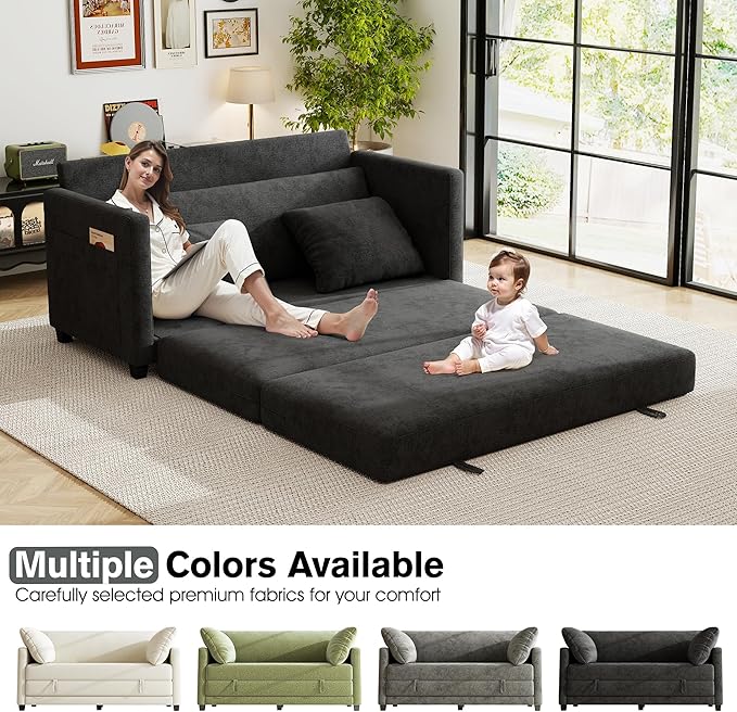 kakuboohi 65" Loveseat Sleeper Sofa Bed, Chenille Convertible Floor Sofa Bed for Small Spaces, Folding Couch Bed with Deep Seat, 2 Pillows & Solid Frame, Pull Out Floor Couch for Living Room, Black