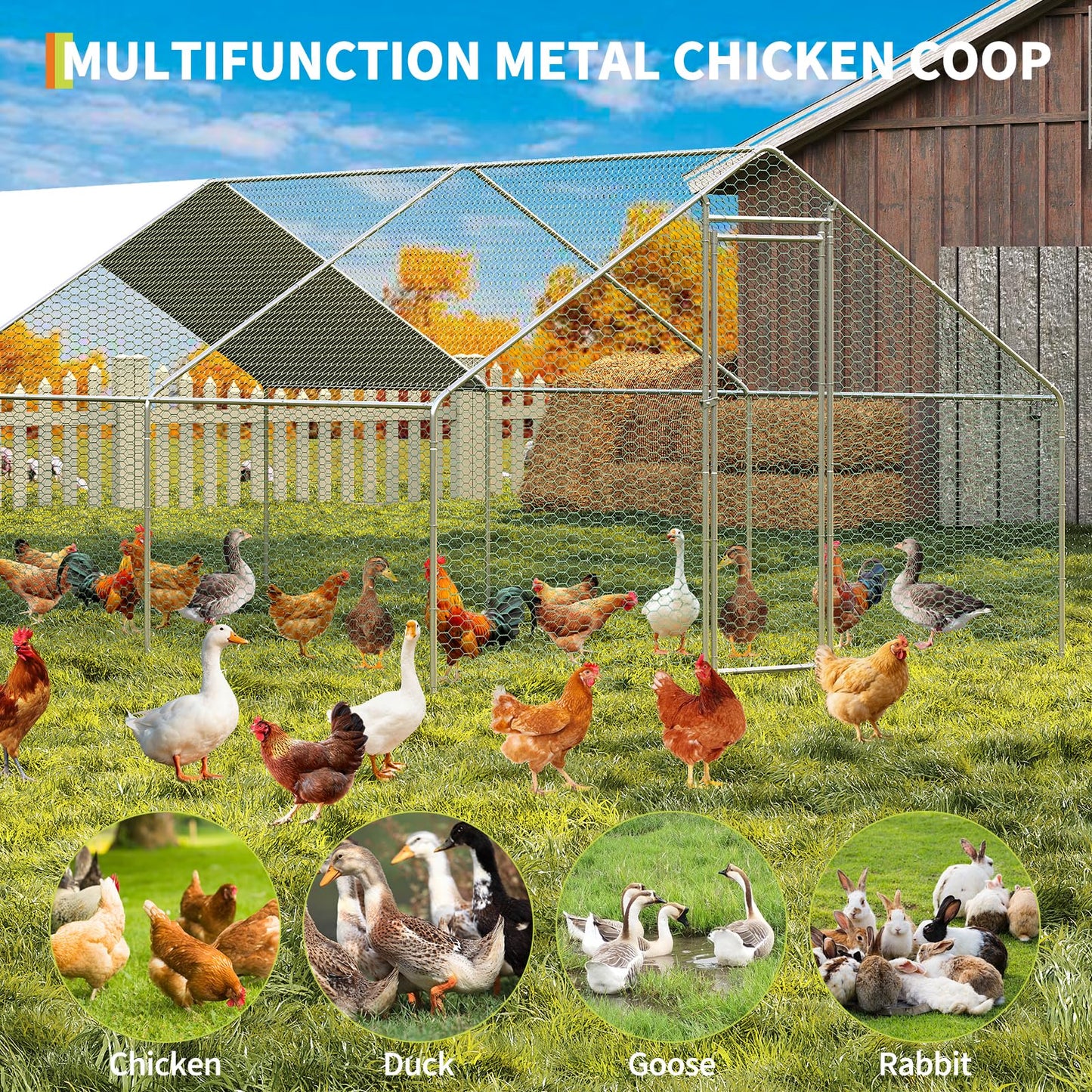 Large Metal Chicken Coop Walk-in Poultry Cage, Chicken Run with Waterproof Anti-UV Cover, Heavy Duty Galvanized Steel Hen House for Outdoor Yard Farm Duck Rabbit (9.8' L x 19.7' W x 6.6' H)