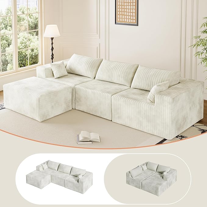 CABZOON 110" Cloud Couch Sectional for Living Room L-Shape Boneless Couches Modular Sectional Sofa with Deep Seat with Chaise,No Assembly Required, Carbon White(Plush Corduroy Fabric)