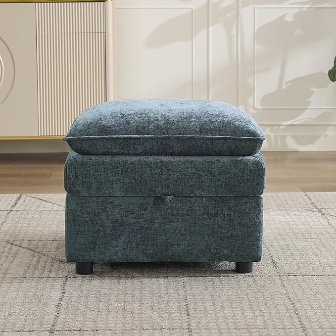 Abbrevi 27" Large Square Ottoman with Storage, Modern Upholstered Footrest with Anti-Slip Legs for Couch Coffee Table Living Room, Bedroom, Entryway, Chenille Blue