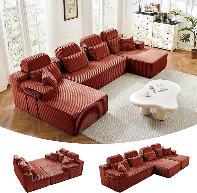 141" U-Shaped Cloud Modular Sectional Sofa with Chaise & Headrest, Boneless Deep Seat Plush Corduroy Couches for Large Living Room, No Assembly Required (Orange, 141" U-shapred Chaise)