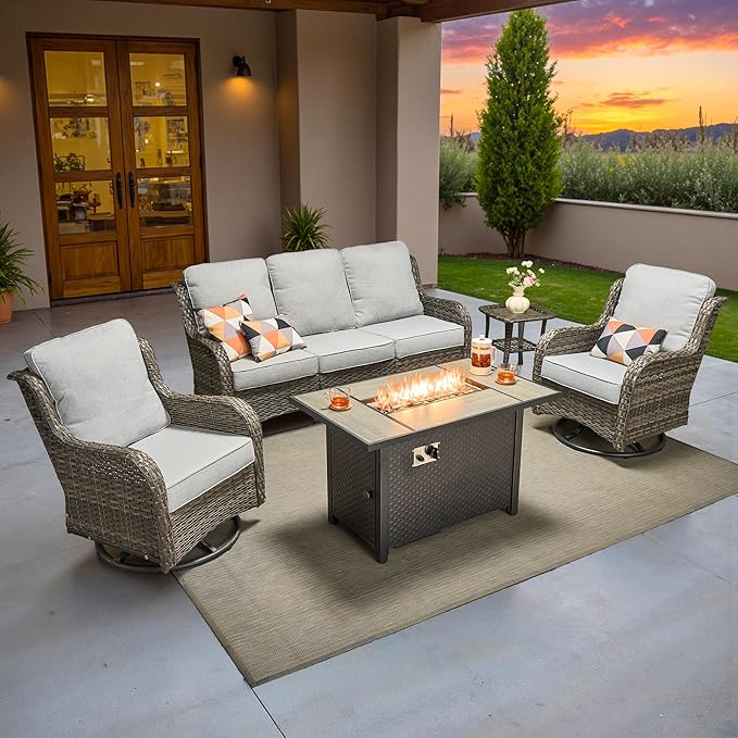 ovios 5 Pieces Patio Furniture Set, Outdoor Wicker Sofa Couch with Swivel Chairs 42" Fire Pit Table, High Back Modern All Weather Conversation Sets, Grey Rattan, Grey