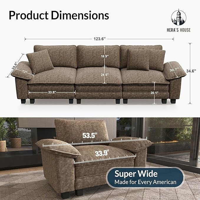 HERA'S HOUSE 124" Modular Sectional Sofa, Oversized Couches for Living Room, Comfy Cloud Couch 3-Seater Deep Seat Sofa with Throw Pillow, Chenille Taupe