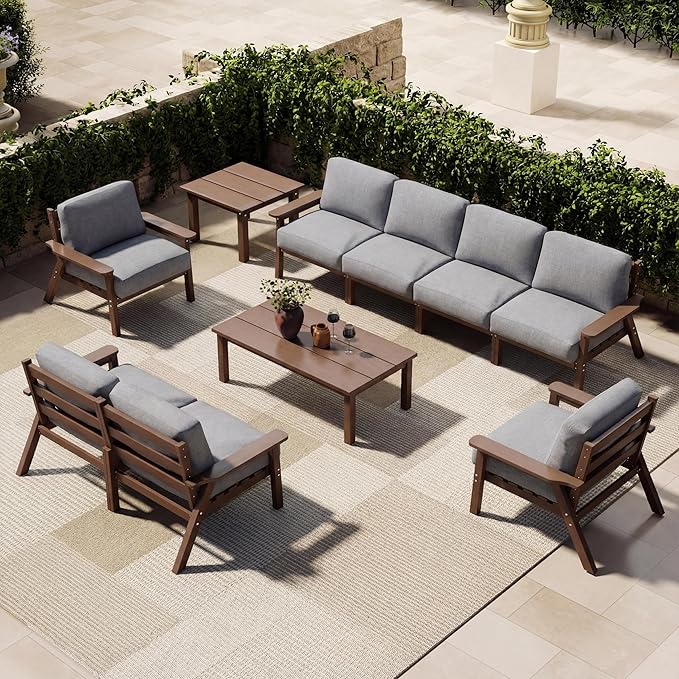 Patio Kingdom Patio Furniture Set 8 Seats, 4-Seater and 2-Seater Outdoor Sofas with Gray Washable Thick Cushions, Patio Conversation Sets for Lawn, Garden, Porch, Balcony, Deck (Brown Frame)