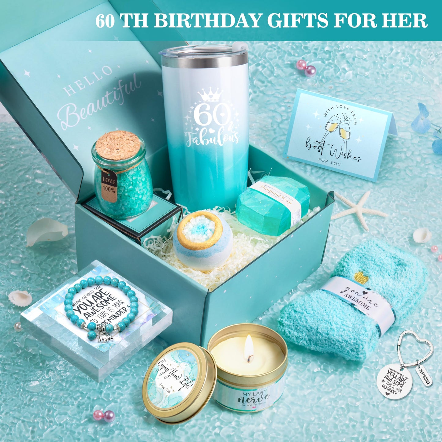 GEMWAVE 60th Birthday Gifts for Women, 60th Birthday Gifts Ideas Baskets, Gift for 60th Birthday Women, 60 Fabulous Tumbler Gift Baskets for 60 Year Old Mom Sister Friend Wife Grandma