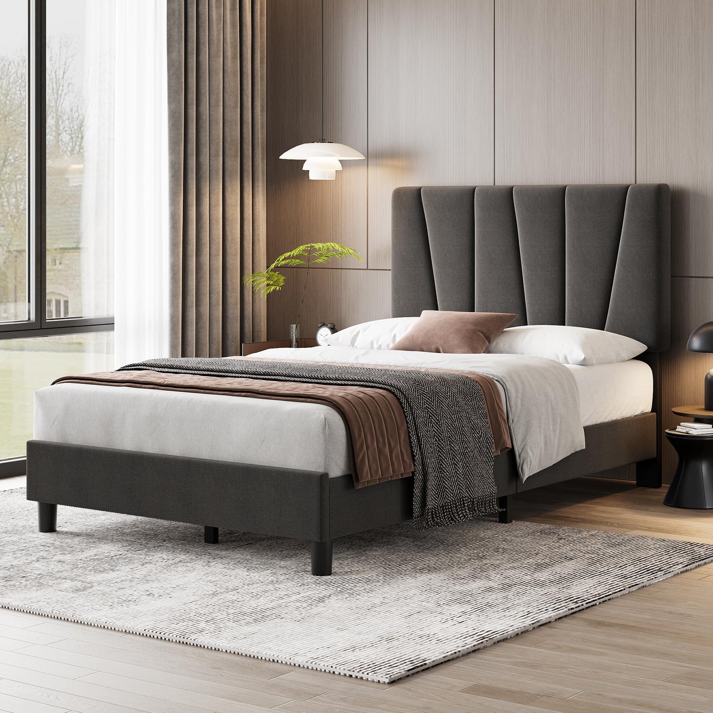 GarveeHome Twin Size Bed Frame with Adjustable Headboard, Linen Upholstered Twin Platform Bedframe with Strong Wooden Slats, Mattress Foundation, No Box Spring Needed, Easy Assembly(Dark Grey, Twin)