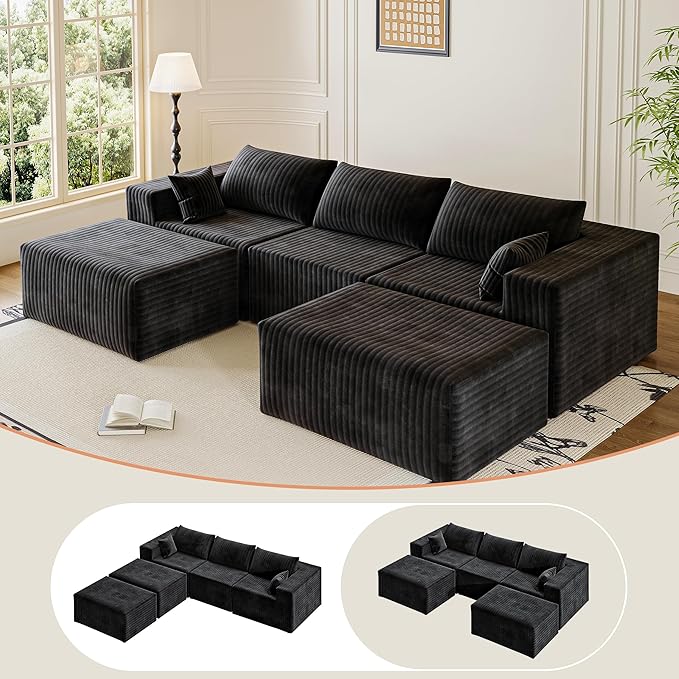 CABZOON 110" Cloud Couch Sectional for Living Room U-Shape Boneless Couches Modular Sectional Sofa with Deep Seat with Chaise,No Assembly Required, Carbon Black(Plush Corduroy Fabric)