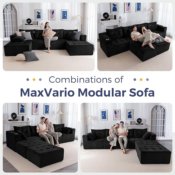 MAXYOYO 129.5" Modular Sectional Sofa Couch, U Shaped Modern Cloud Couch with 2 Ottomans, Sofa in A Box, Tufted 6-Seat Boneless Sleeper Chair for Living Room, No Assembly Required, Black