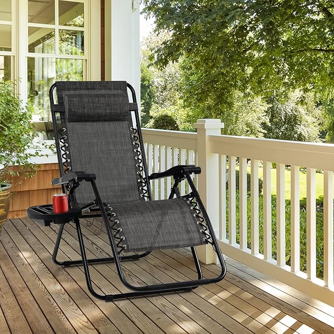 Tangkula Set of 2 Zero Gravity Chair, Folding Patio Lounge Chair Adjustable Outdoor Recliner with Cup Holder, Wide Armrest for Patio Garden Poolside Outdoor Yard Beach, Support 350 lbs (2, Grey)