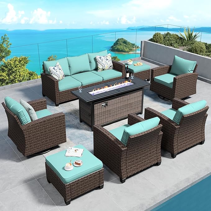 SUNSHINE VALLEY Swivel Glider Patio Furniture Set Outdoor Furniture Brown Wicker Rattan Patio Conversation Sets with Cushion Outside Sofa Set,7 Pieces with Rectangular Firepit Table,9 Seats,Blue