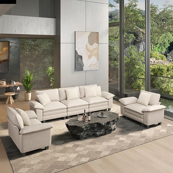 HERA'S HOUSE 3 Pieces Modular Sectional Sofa Sets, Oversized Couch Set with Loveseat and Armchairs, Comfy Cloud Couches with Throw Pillows, 5-Seater Deep Seat Sofa for Living Room, Chenille Beige