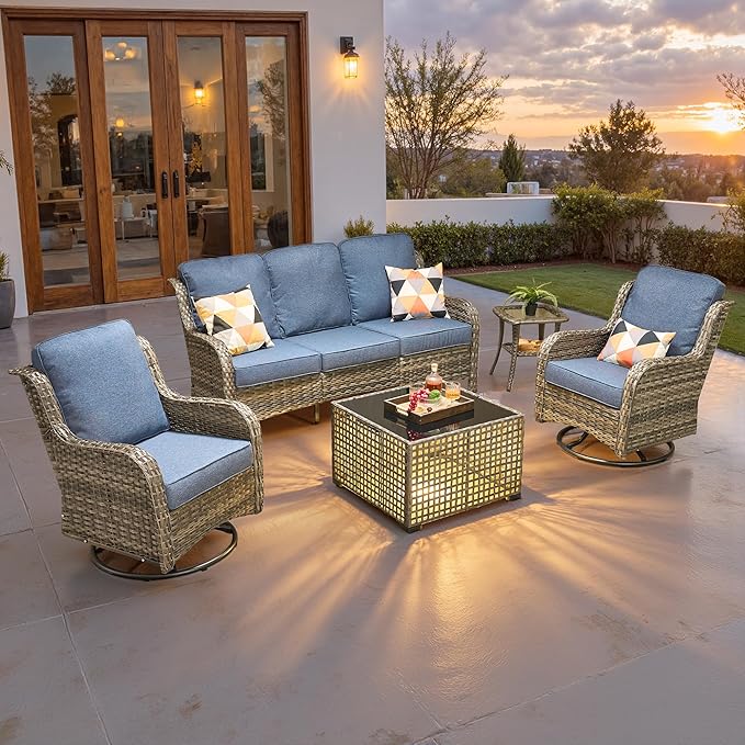 ovios 5 Pieces Patio Furniture Set, Outdoor Wicker Sofa Couch with Swivel Chairs Solar Lights Table, High Back Modern All Weather Conversation Sets, Grey Rattan, Denim Blue