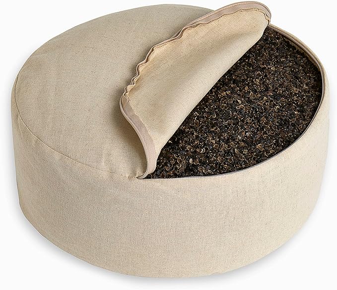Organic Round Meditation Cushion by renoo - Durable Comfortable Cotton, Linen, Hemp - Modern Zafu - Buckwheat Floor Pillow Yoga Bolster in 15 Colors Removable Cover - 15 inches - Ocean