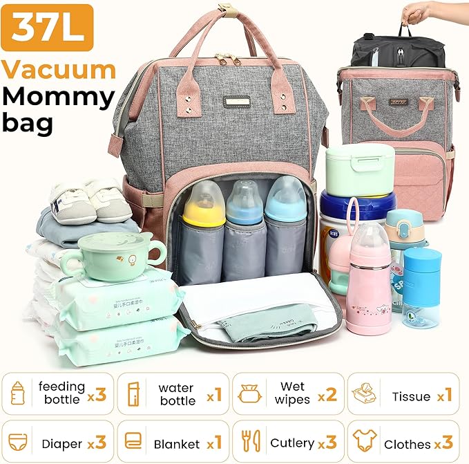 Vacuum Compression Diaper Bag, Expandable Waterproof Baby Travel Backpack with Insulated Pockets, Wet-Dry Separation, and Detachable Airtight Bag (Vacuum Pump Included)