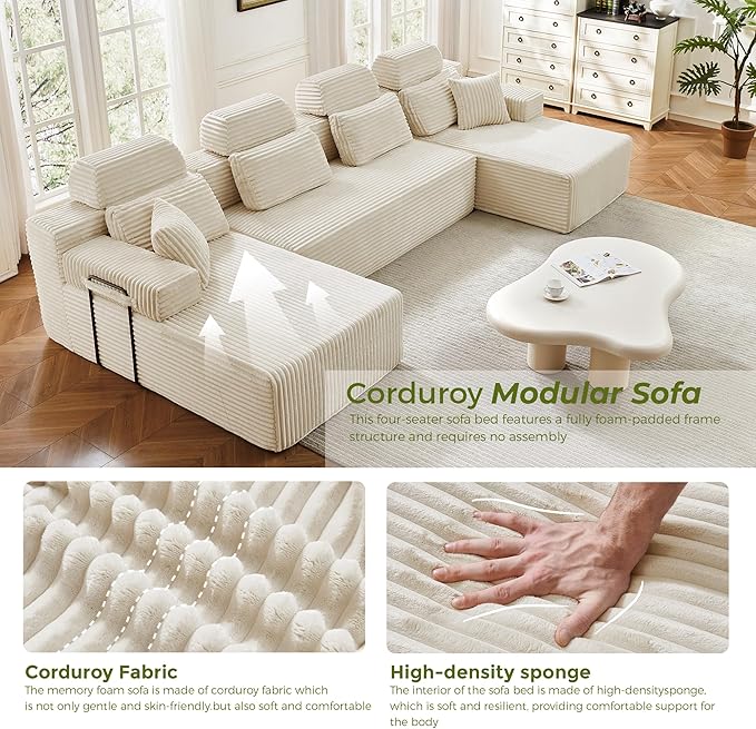141" U-Shaped Cloud Modular Sectional Sofa with Chaise & Headrest, Boneless Deep Seat Plush Corduroy Couches for Large Living Room, No Assembly Required (White, 141" U-shapred Chaise)