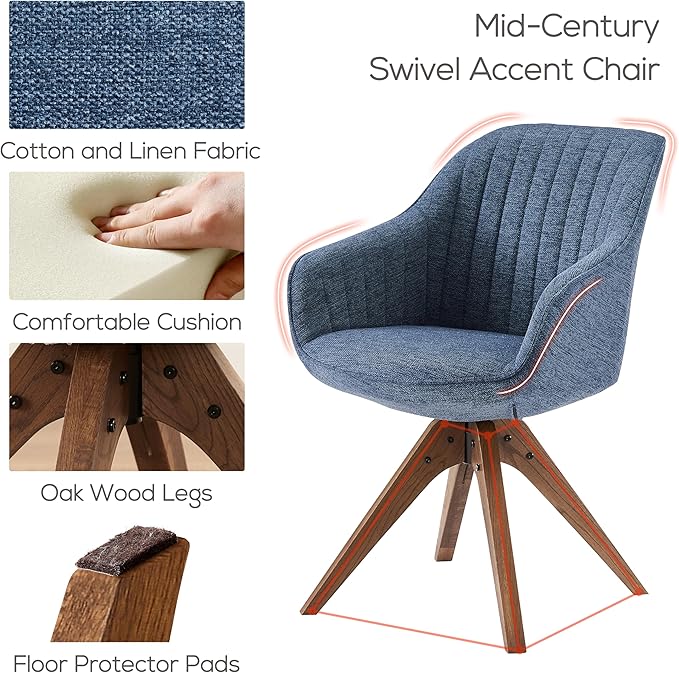 Art Leon Dining Chair, Mid Century Modern Fabric Upholstered Swivel Dining Room Chair with Wood Legs, Leisure Side Chair with Arms for Living Room, Sky Blue