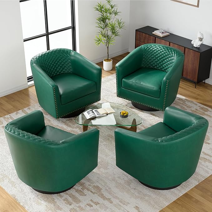 UIXE Swivel Accent Chairs Set of 4, PU Leather Barrel Club Chair for Living Room, Upholstered Round Armchair Comfy Single Sofa Bedroom Reading Seat - Green