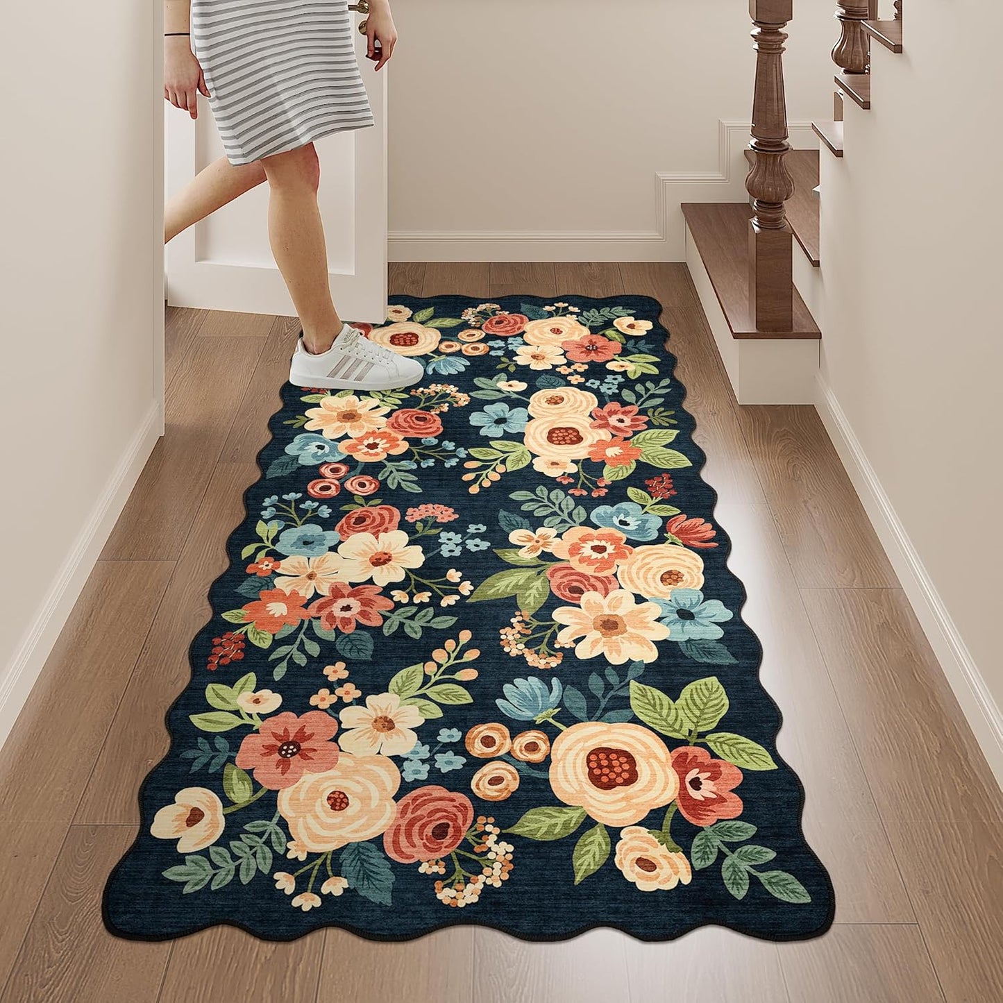 DUKINO 2x4 Washable Runner Rugs, Non Slip Floral Print Entryway Rug with Soft Low Pile, Lightweight Mat for Living Room, Bathroom, Bedroom, Kitchen, Navy Blue