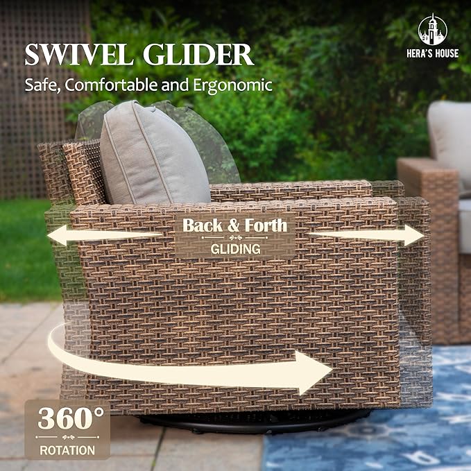 HERA'S HOUSE Patio Furniture Conversation Set, Outdoor Swivel Wicker Chairs with 4.92" Widened Armrest, 6 Pieces Deep Seating Rattan Sofa with 5.5" Gray Cushions for Deck Garden Yard