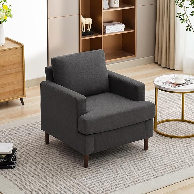 Weture Mid-Century Accent Chair,Modern Linen Fabric Armchair for Living Room,Comfy Upholstered Reading Accent Chairs for Bedroom,Single Sofa Chair with Wood Legs (Dark Grey, 1 Pack)
