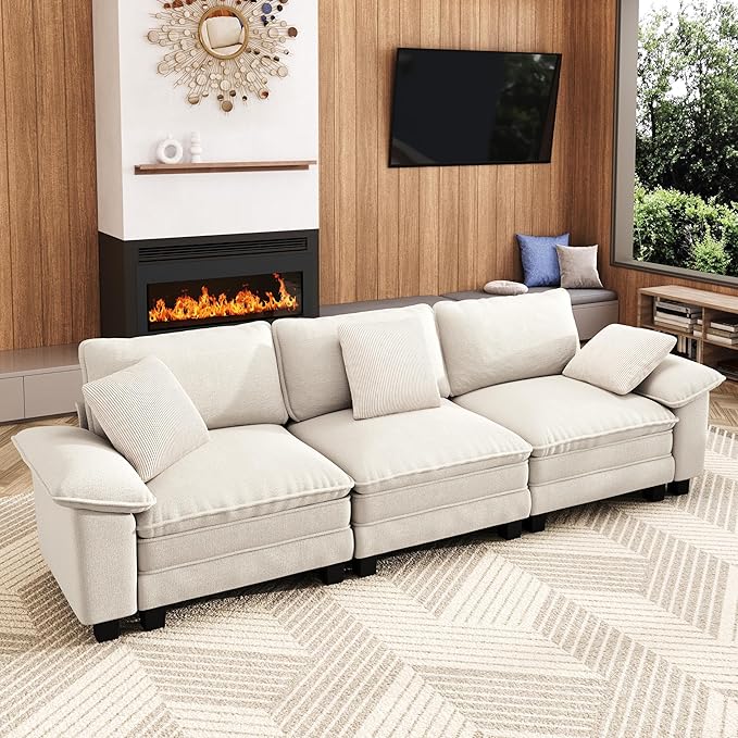 MIXPATIO 123" Cloud Modular Sectional Sofa, 3-Seater w/Deep Seat & Removable Arms, Plush Chenille for Living Room - Beige