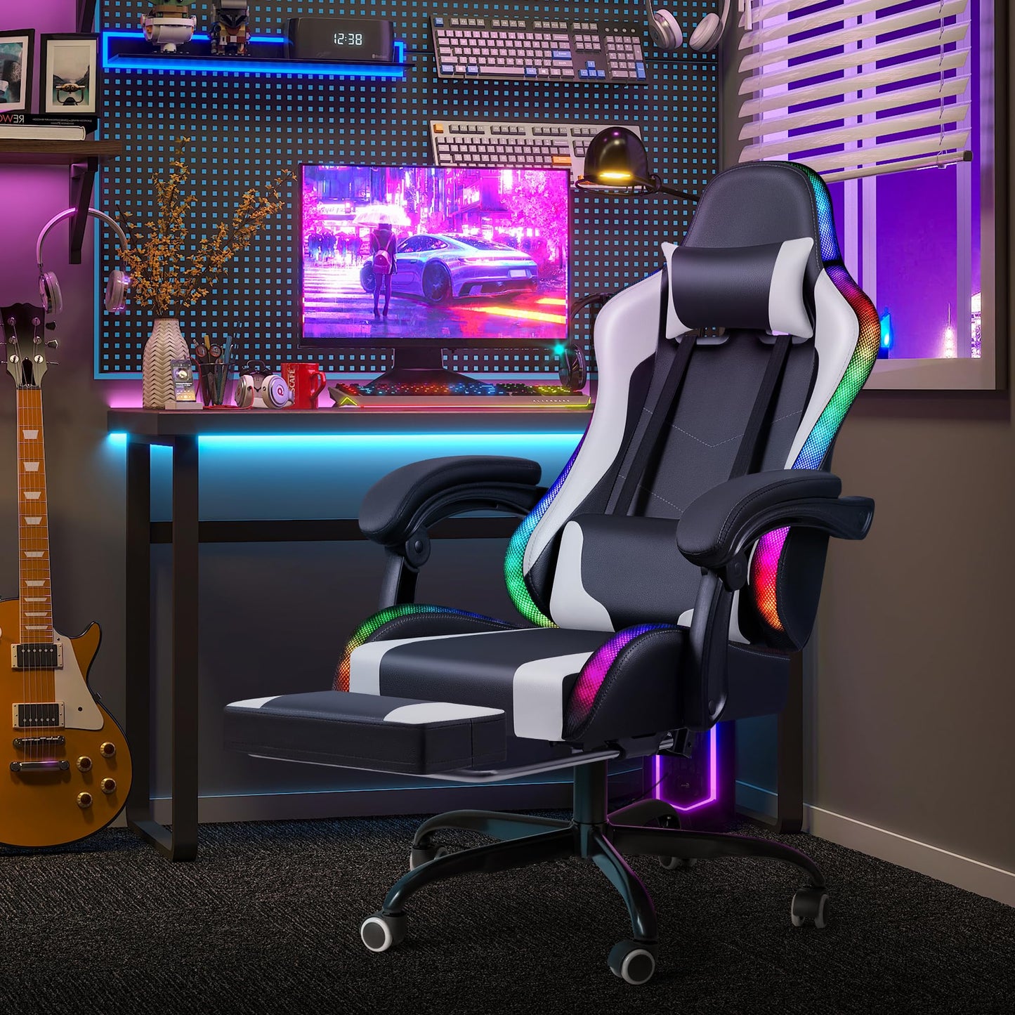Homall Gaming Chair, Video Game Chair with Footrest and Massage Lumbar Support, Ergonomic Computer Chair Height Adjustable with Swivel Seat and Headrest (RGB White)