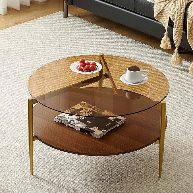 Pine Flicker Round Coffee Table, Mid-Century Modern Design, D30*H17 inch, for Living Room, 2-Tier Structure, Amber Glass Top and Walnut Wood Shelf, Sleek Conical Metal Legs with Gold Finish