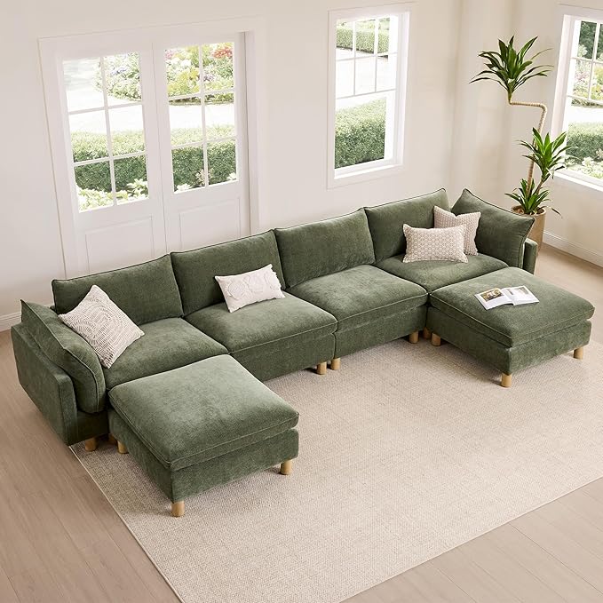 CHITA 161" Super Large Sectional Couches for Living Room, Modular Cloud Couch Sectional Sofa, Premium Fabric Couches, Down Filled, High Density Foam, Chenille in Green, 6 Seat U Shaped