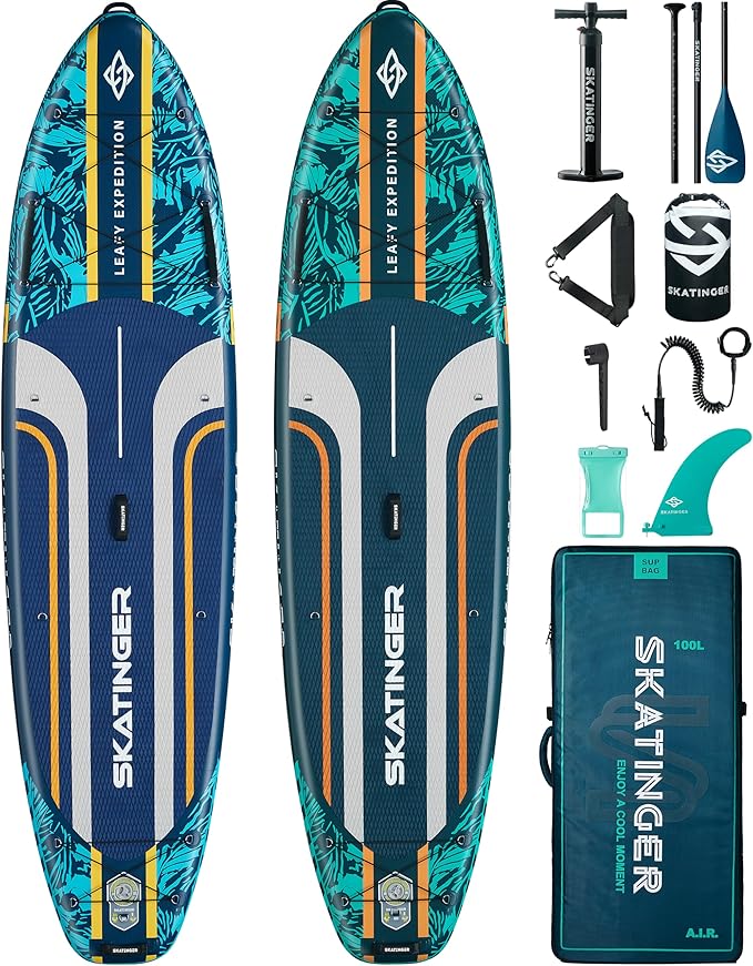 Skatinger Leafy Green & Blue Bundle｜11'6"x35" Super Wide Inflatable Stand Up Paddle Boards, All Accessories2, 100L Backpac...