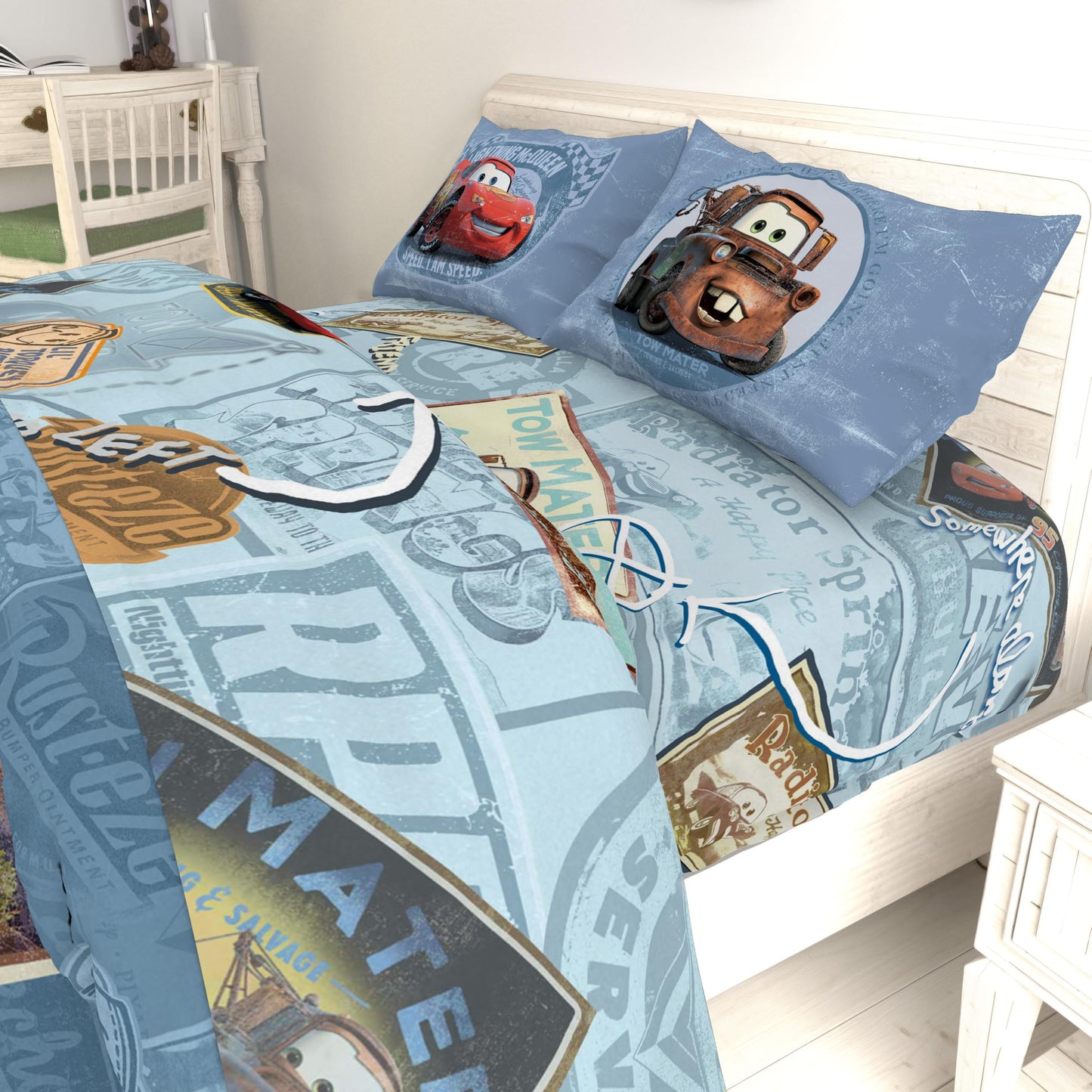 Jay Franco Disney/Pixar Cars Tune Up Blue/Gray 4 Piece Full Sheet Set with Lightning McQueen & Mater (Official Disney/Pixar Product)
