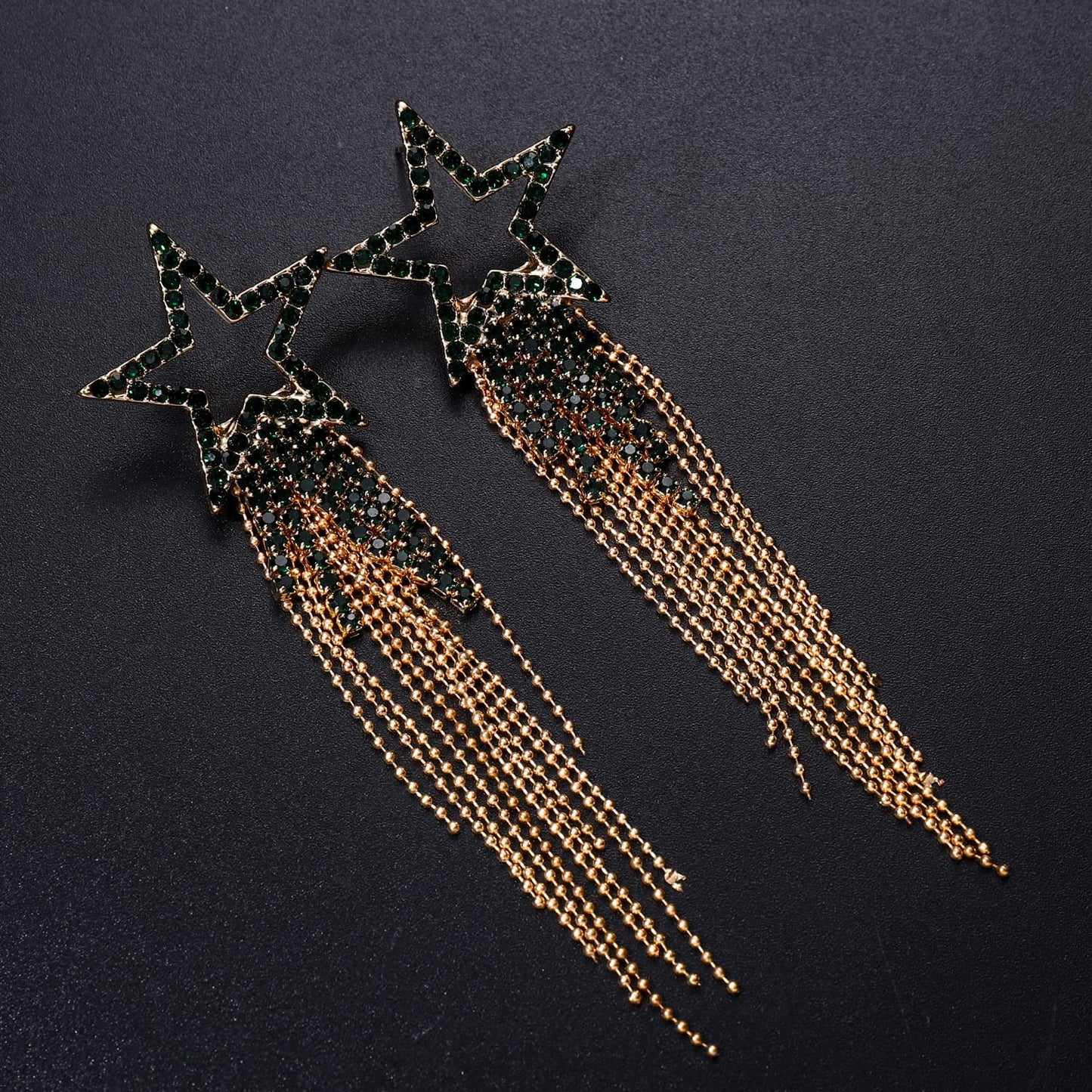 Womens Tassel Earrings Star Ear Stud Pave Crystal Dangle Earrings Boho Waterfall Beaded Fringe Drop Earring