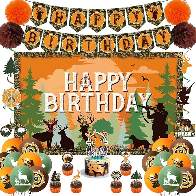 Holkcog Hunting Birthday Decorations, Hunting Deer Party Decorations, Camo Camping Picnic Hunting Birthday Banner Honeycom...
