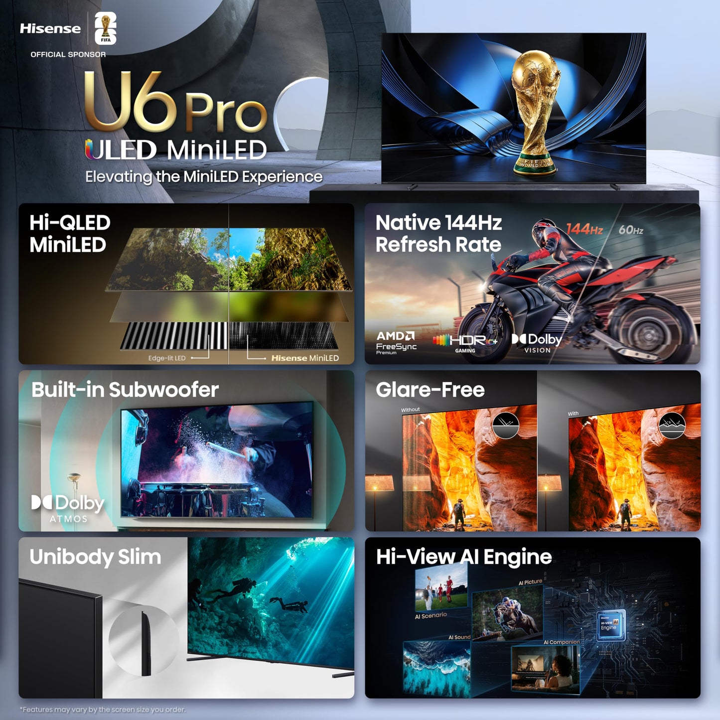 Hisense 100" U6 Pro Series Mini‑LED ULED 4K UHD HDR Gaming AI Smart Fire TV (100U6SF Pro, 2026 New) – Hi-QLED, Native 144Hz, Motion Rate 480, Dolby Vision IQ,· Atmos, HDR10+, Glare-Free, Alexa+