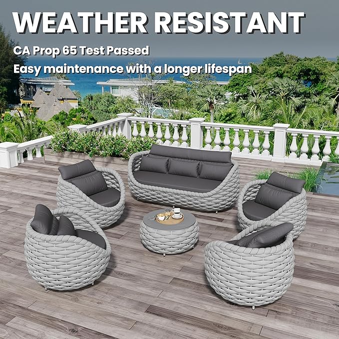 Erotr Aluminum Outdoor Couch Set: 6 Pieces Woven Rope Patio Conversation Set - Metal Modern Porch Furniture Sofa Set - All Weather Assembled Deck Seating for Courtyard Backyard Rooftop Hotel Resort