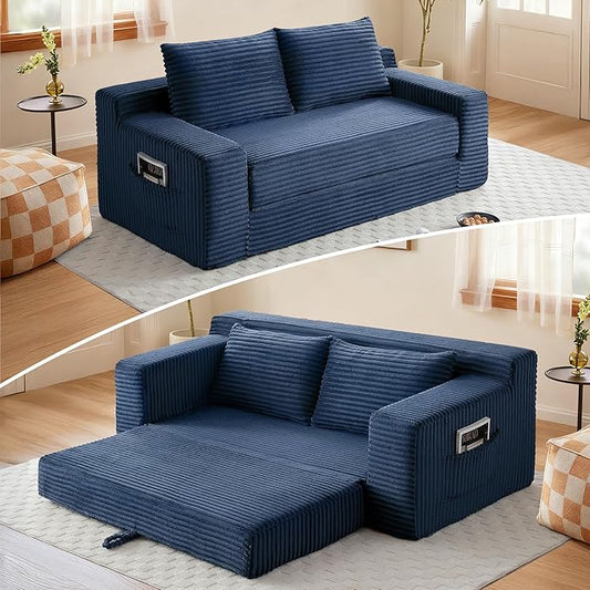 73" Convertible Sofa Bed, 2 in 1 Folding Couch Bed, Boneless Couch in a Box, Cloud Loveseat Sleeper, Fold Out Comfy Floor Futon Sofa with 2 Pillows for Living Room Bedroom, No Assembly (Blue, 73)