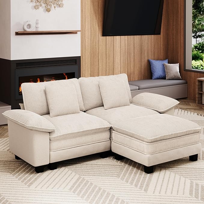 87-Inch L Shaped Sectional Sofa with Cloud Cushions, Deep Seat Modular Couch Set w/ 3 Seats & 1 Ottomans, Removable Arms, Chenille & Corduroy Upholstery for Living Room, Apartment - Beige