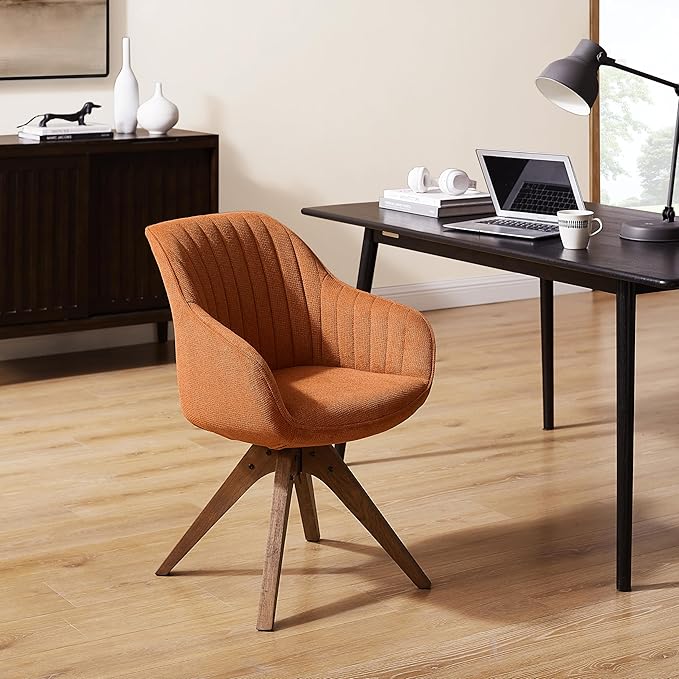 Art Leon Dining Chair, Mid Century Modern Fabric Upholstered Swivel Dining Room Chair with Wood Legs, Leisure Side Chair with Arms for Living Room, Caramel