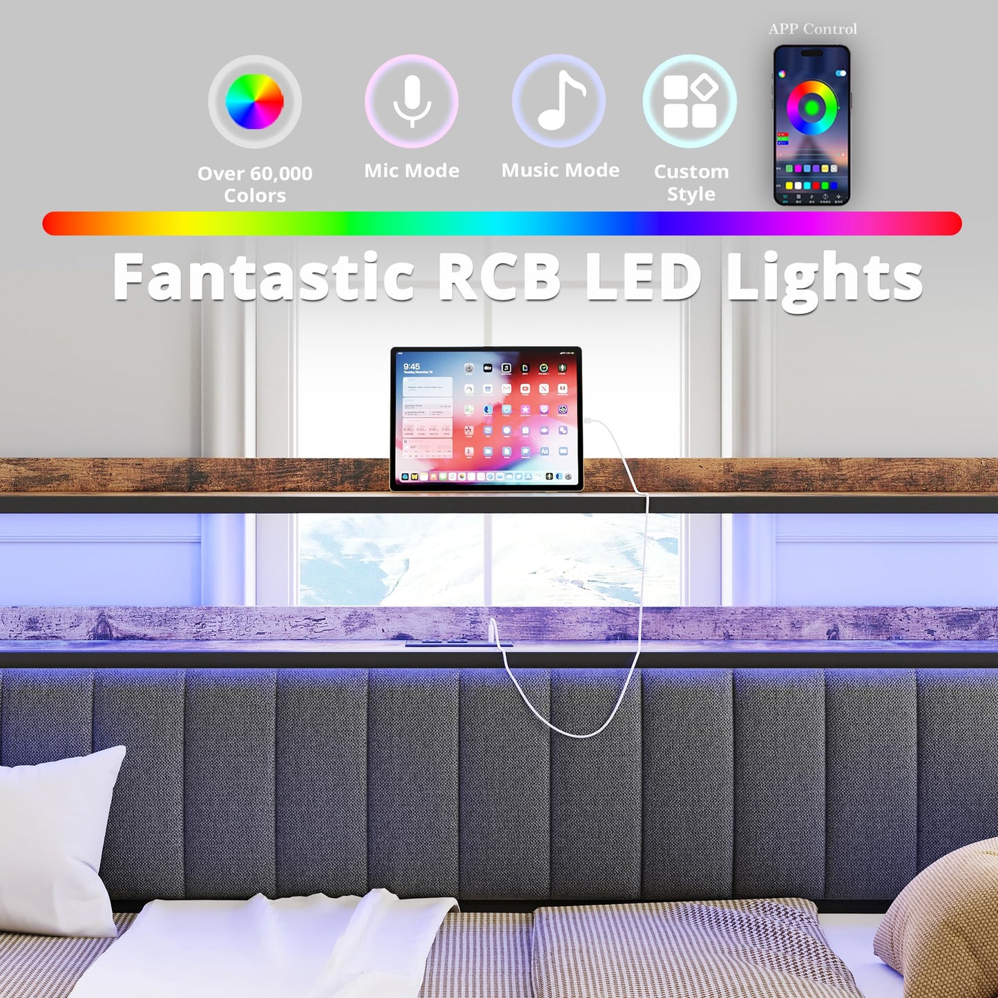 ANCTOR Daybed with Trundle, LED Lights and Charging Station, Twin Size Daybed with 2-Tier Storage Shelves and Upholstered Headboard, Metal Sofa Bed Frame for Living Room, Bedroom, Grey
